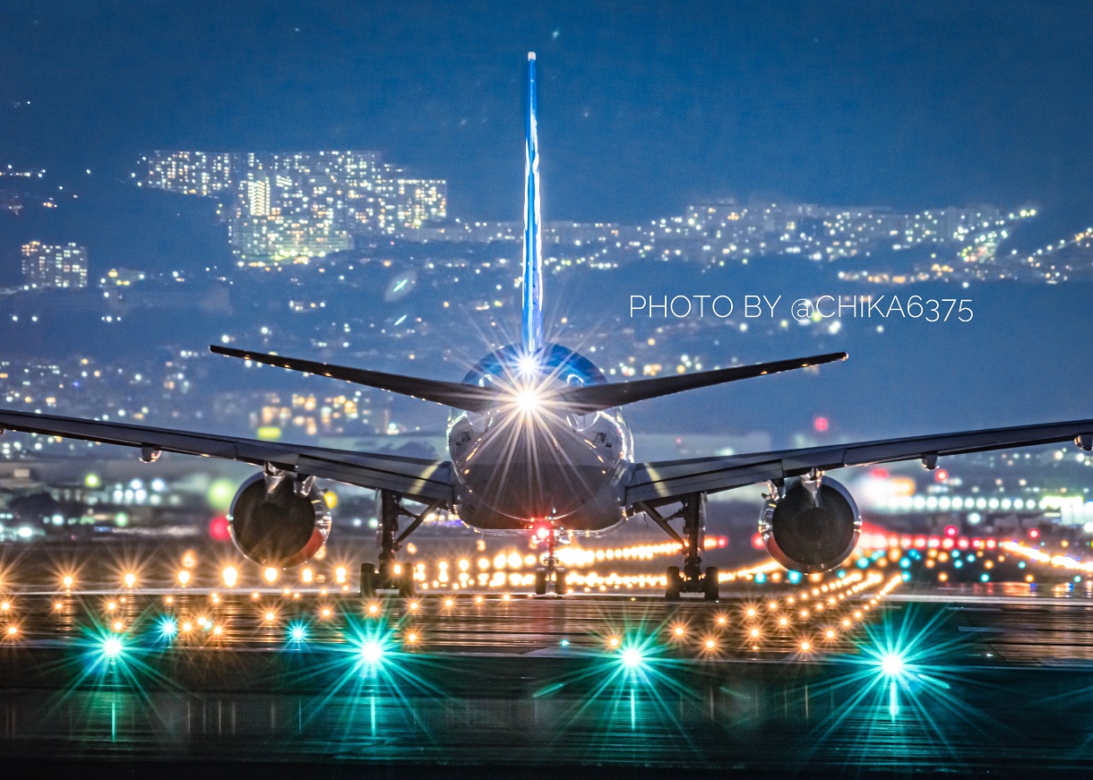 千里川土手,飛行機,夜景